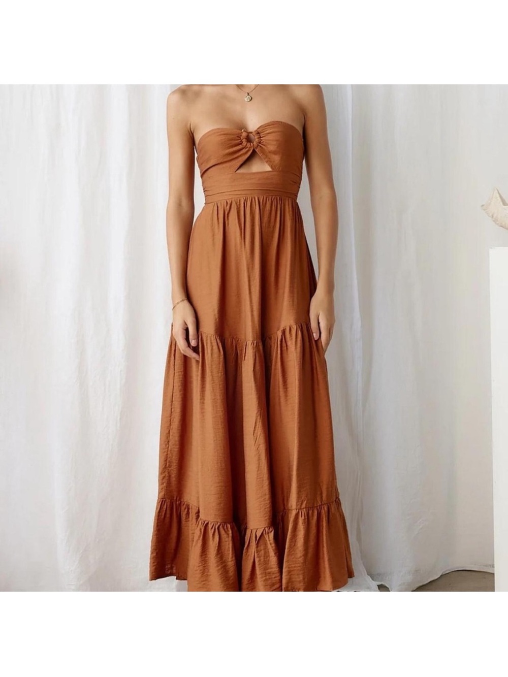 Strapless Tiered Maxi Dress in Rust Brown